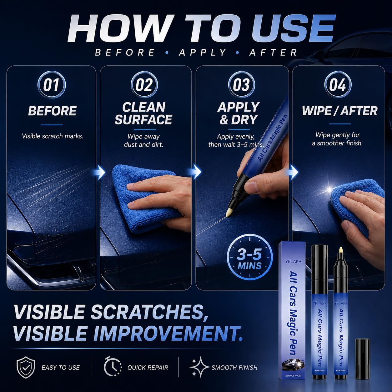 2PCS Magic Car Scratch Removal Pen, Car Scratch Remover Pen, Quick Paint Scratch Repair Pen, Waterproof & Sunproof Touch Up Pen for All Vehicles & Most Colors Clear