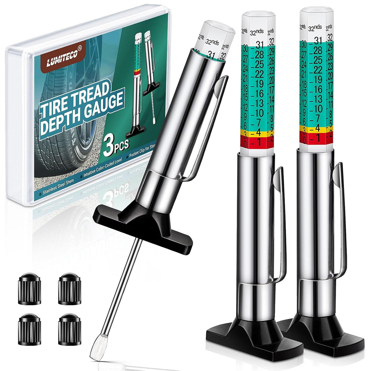 LUMITECO 3-Pack Tire Tread Depth Gauge, Color Coded Tire Tread Gauge in 1/32 Inch, Efficient Tread Depth Gauge 32nds Tire Measure Tool Depth for Car, Semi Truck Tire Wear Tread Checker