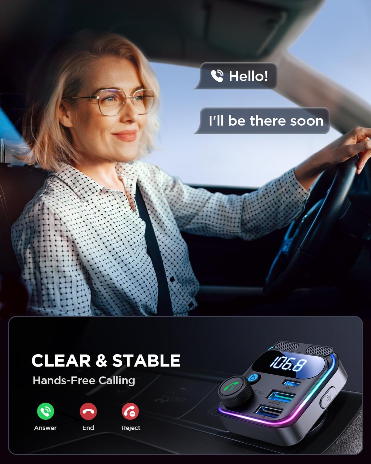 JOYROOM 81W Bluetooth 6.0 Car Adapter Wireless FM Radio Transmitter | [PD45W & QC36W] Fast Charge, Dual Mics for Clear Call, HiFi Deep Bass, LED Light, Support USB Drive, Ideal for Road Trips