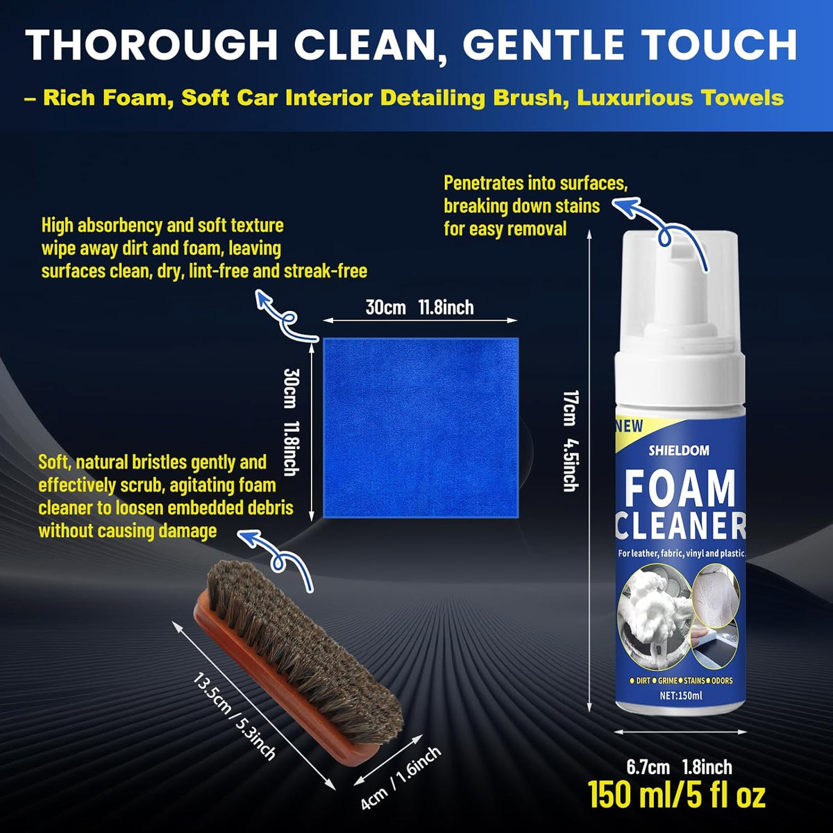 SHIELDOM Car Interior Cleaner Kit Multifunctional Car Seat Foam Cleaner Powerful Carpet Upholstery Stain Remover with Detailing Brush & Towel Safe for Cloth, Leather, Fabric, Vinyl & Plastic 5oz