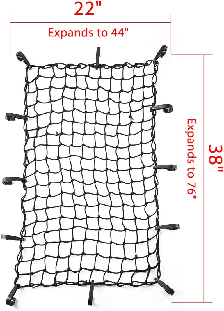 CZC AUTO 22"x38" Black Latex Bungee Cargo Net Strech to 44"x76", Luggage Netting with 2"X2" Small Mesh and 12 Adjustable Plastic Hooks for Rooftop Cargo Carrier Roof Rail Rack Hitch Basket SUV