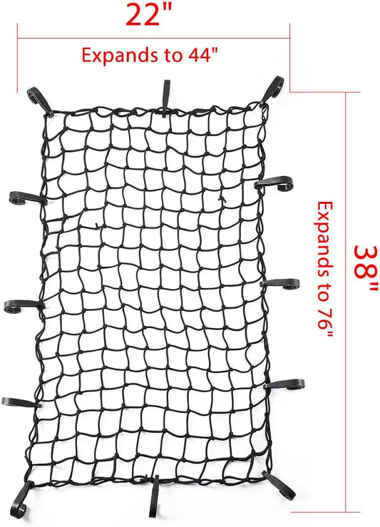 CZC AUTO 22"x38" Black Latex Bungee Cargo Net Strech to 44"x76", Luggage Netting with 2"X2" Small Mesh and 12 Adjustable Plastic Hooks for Rooftop Cargo Carrier Roof Rail Rack Hitch Basket SUV