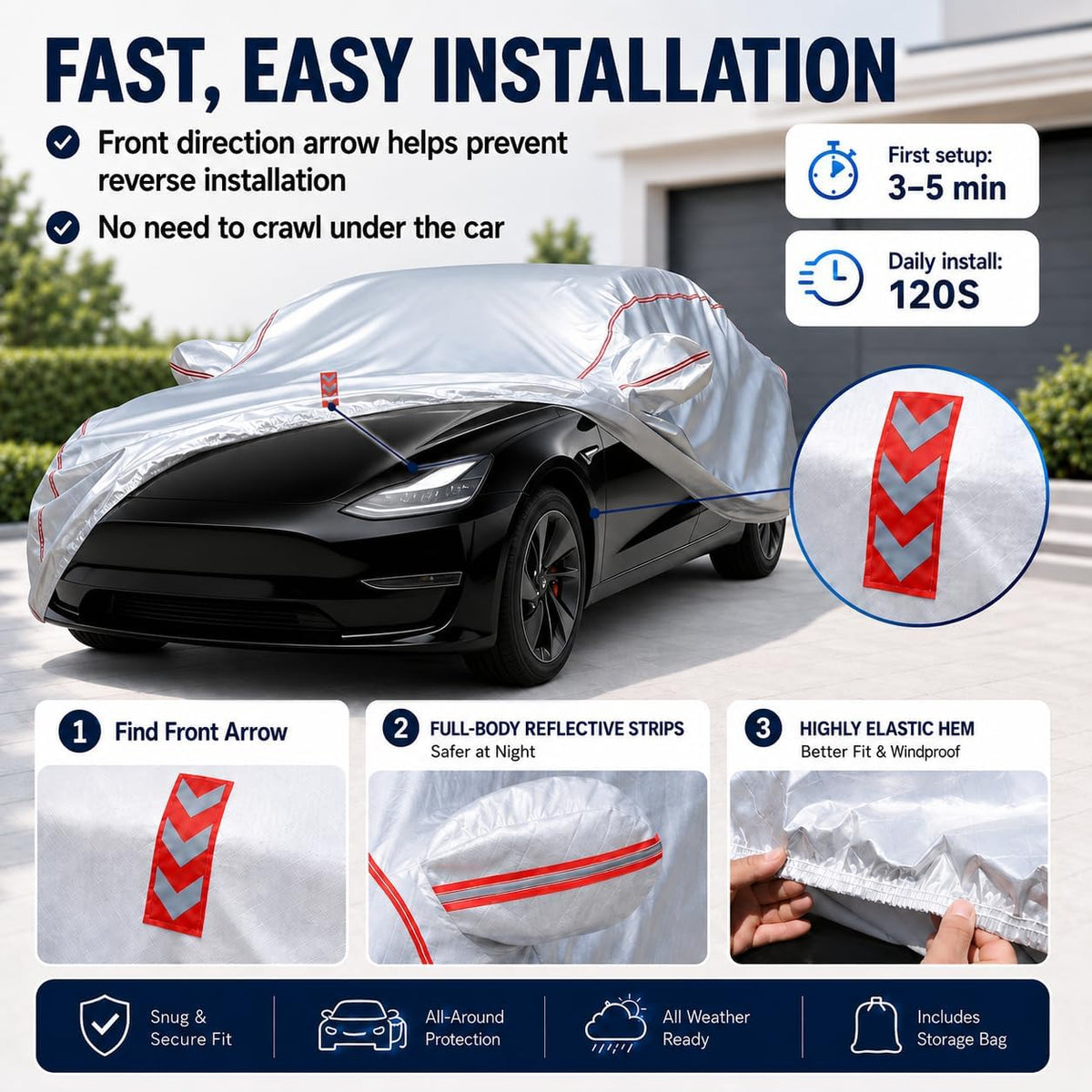 Car Cover for Sedan, Waterproof All Weather Heavy Duty, 360° Underbody Wrap Windproof Design, Quick Install Outdoor Vehicle Cover, Fits 186-193 in
