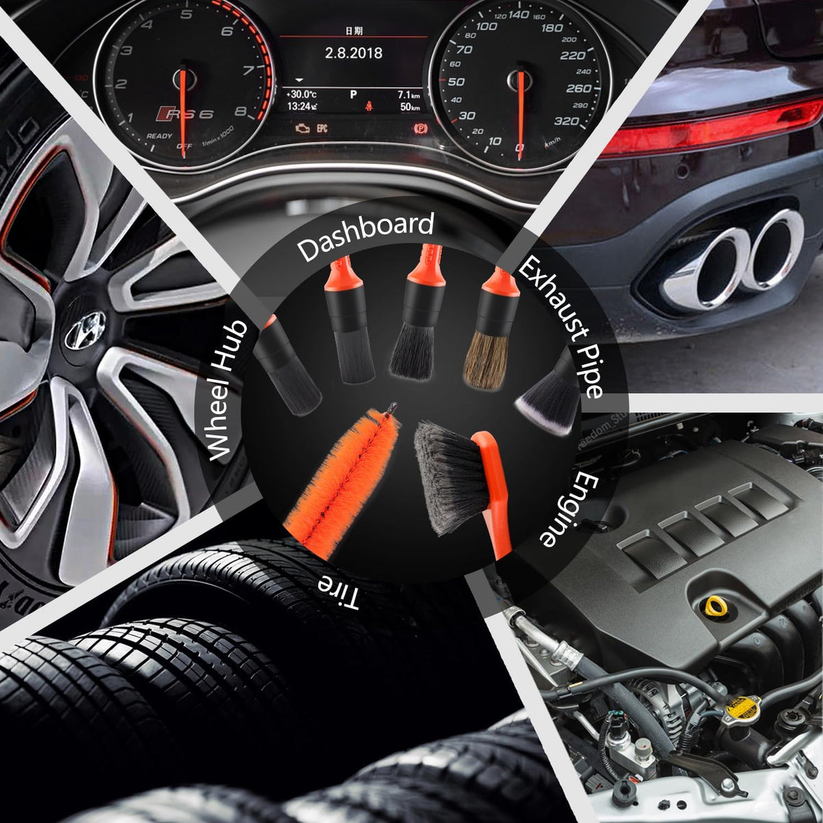 SPTA 8Pcs Wheel & Tire Brush Car Detailing kit, Easy Reach Wheel and Rim Brush, 5pcs Detailing Brushes, Short Handle Cleaning Brush, 1pc Microfiber Cleaning Cloth, Great to Clean Dirty Tires