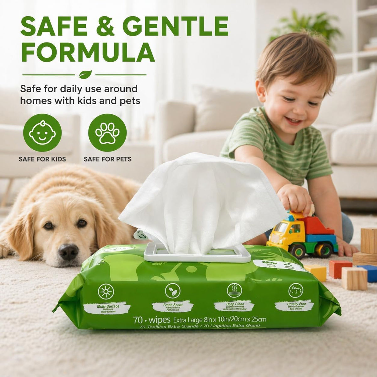 Air Jungles All Purpose Cleaning Wipes 70 Count, Extra Large 8" x 10" Heavy Duty for Car Interior, Kitchen, Bathroom, Gym Equitment, Tools - Non-Toxic Safe for Multi-Surface