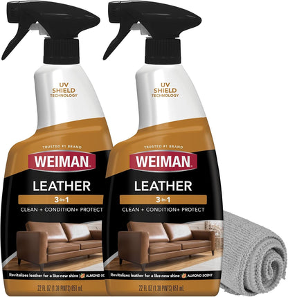 Weiman Leather Cleaner, Polish and Conditioner for Furniture, Car, Purses, Shoes, Boots and Couches- Micro Fiber Towel Included, 22oz
