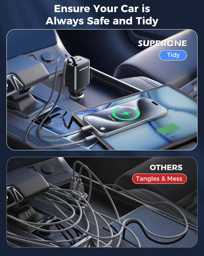 SUPERONE Retractable Car Charger for iPhone with Dual Type C Cables, 4 in 1 USB C Car Charger Adapter with 69W Fast Charging Compatible with iPhone 17 16 15 14 13 12 11 Pro/XS/XR/SE/iPad/Airpods