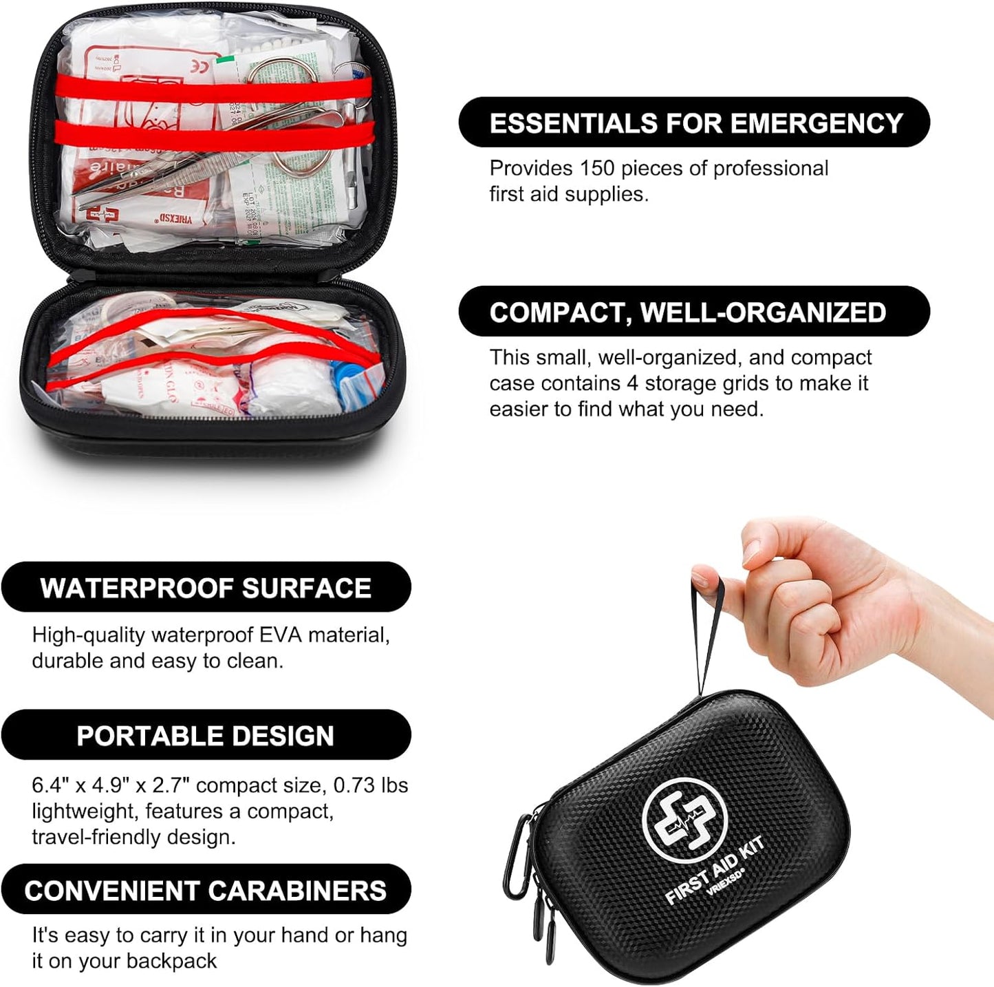 Mini First Aid Kit - 150 Piece Small Waterproof Hard Shell Medical Kit for Home, Car, Travel, Camping, Truck, Hiking, Sports, Office, Vehicle & Outdoor Emergencies- Small First Aid Medical Kit (Red)