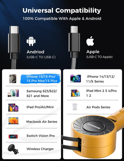 SUPERONE Retractable Car Charger for iPhone with Dual Type C Cables, 4 in 1 USB C Car Charger Adapter with 69W Fast Charging Compatible with iPhone 17 16 15 14 13 12 11 Pro/XS/XR/SE/iPad/Airpods