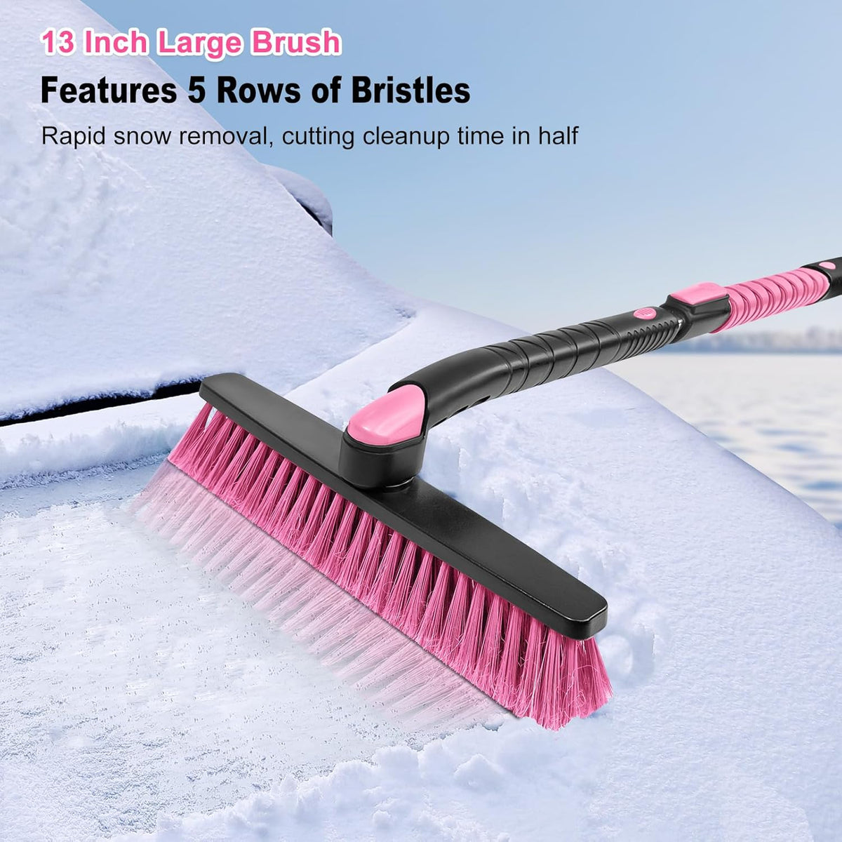 HEEYA 48 Inch Long Snow Brush for SUV, Extendable Ice Scraper and Brush with Foam Grip, 360° Pivoting Snow Car Brush for Truck Auto RV Vehicle Windshield Window - Pink