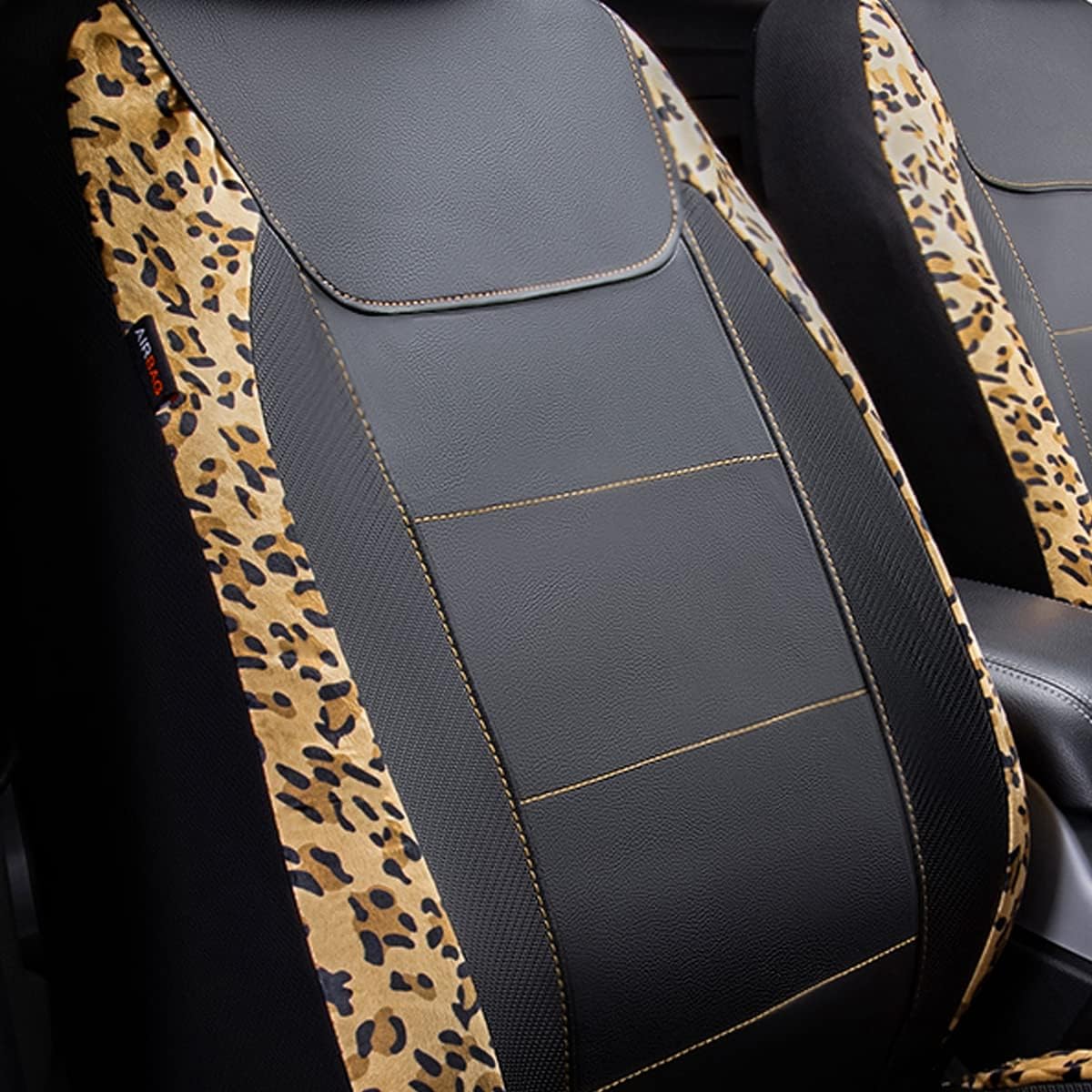 Flying Banner Carbon Fiber Leather Vehicle Seat Covers, Leopard Gray Black, Universal Fit - 8PCS
