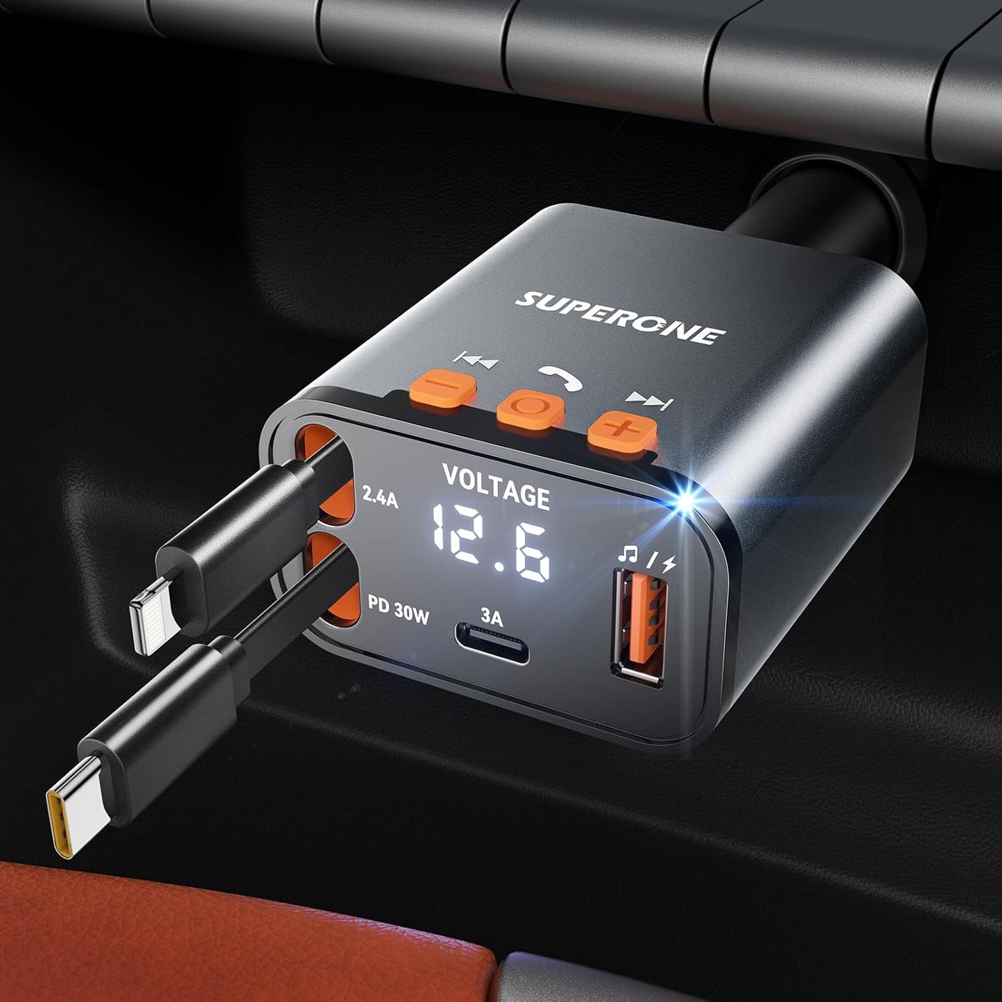 SUPERONE 69W Retractable Car Charger with Dual Cables, Compact Bluetooth 5.3 Car Adapter, FM Transmitter Radio Receiver for Hands-Free Calls & MP3 Music, USB C Fast Charging for iPhone Android