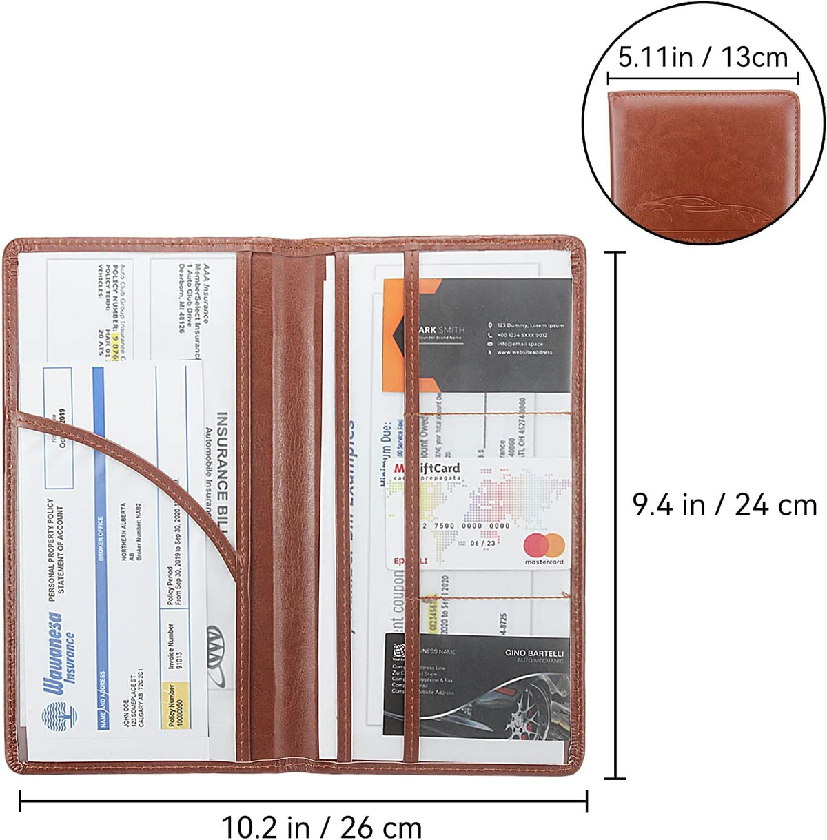 Car Registration and Insurance Holder, Premium Pu Leather Vehicle Glove Box Organizer - for Driver License, Cards & Essential Documents (L-Orange)