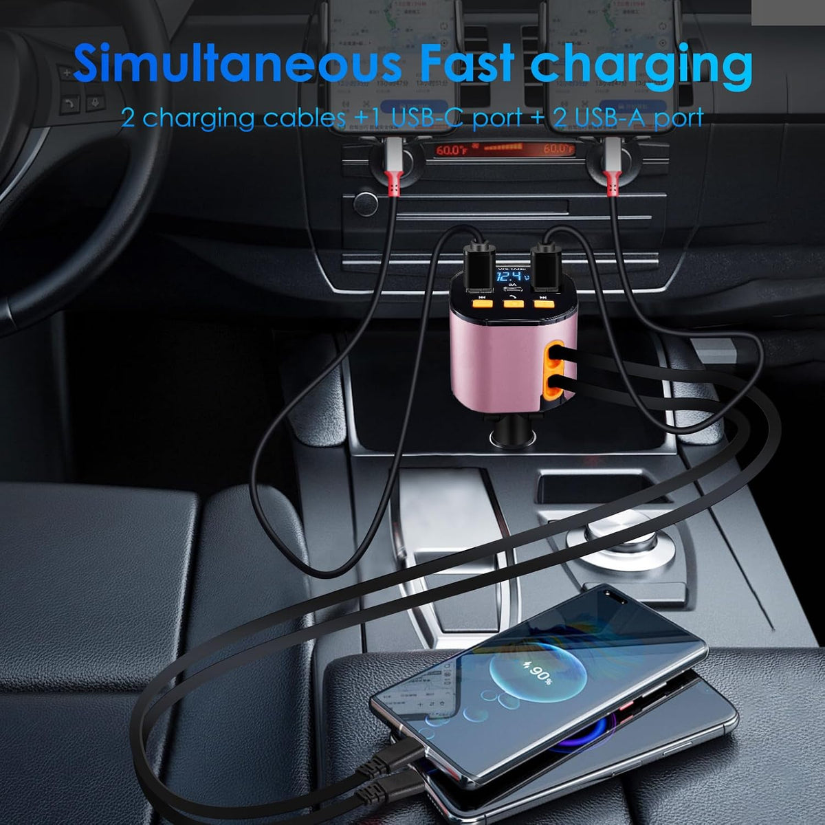 Retractable Car Charger,5 in 1 Fast Cars Phone Charger 90W,Bluetooth 5.3 FM Transmitter Adapter,Handsfree Call,2 Retractable Cables and USB Chargers for iPhone17/16 15/14/13