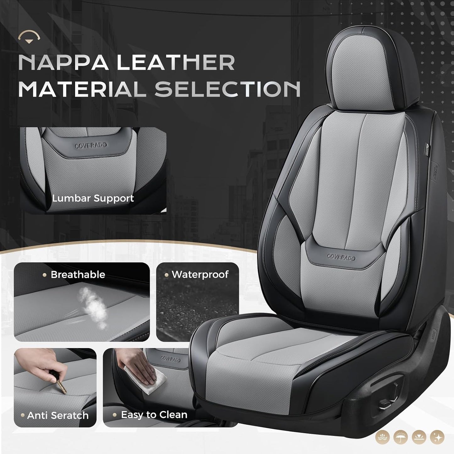 Coverado Seat Covers Full Set, Black Seat Covers for Cars 5 Seats, Car Seat Protector, Waterproof Nappa Leather Car Seat Cushion, Front and Rear Car Seat Cover Fit for Most Sedans SUV Pick-up Truck - Colors A