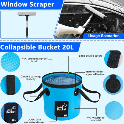 THINKWORK Car Wash Kit, Car Detailing Kit with Foam Gun, Car Wash Brush Mop and Large Folding Bucket Suitable for Car Cleaning, Blue Car Wash Set Gift for Men and Women