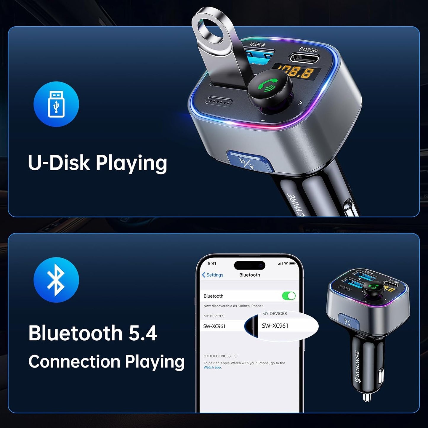 Syncwire Bluetooth 5.4 FM Transmitter Car Adapter 48W (PD 36W & 12W) [Light Switch] [HiFi Bass Sound] [Fast Charging] Wireless Radio Music Adapter LED Display Hands-Free Calling Support USB Drive