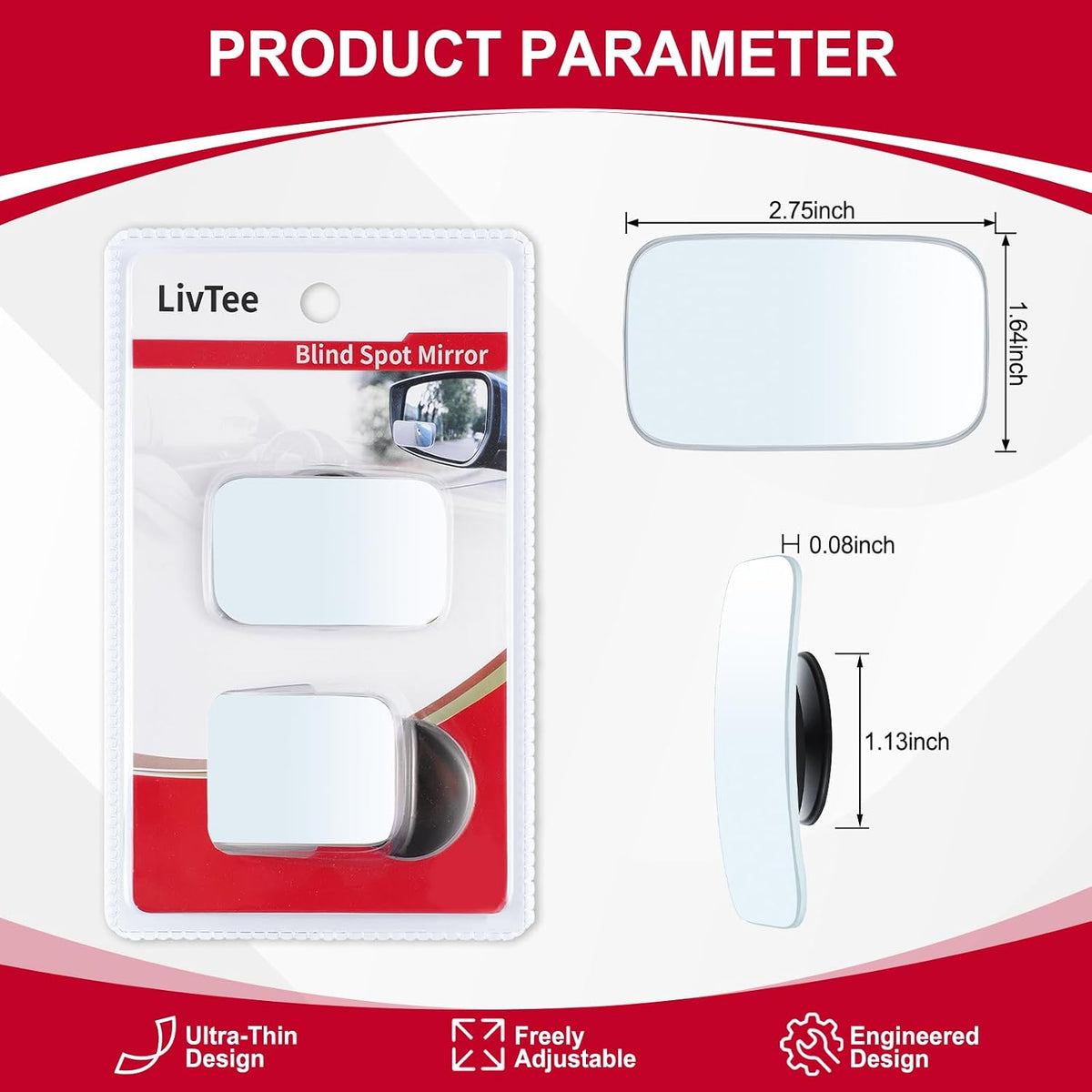 LivTee Blind Spot Mirrors, HD Glass Frameless Convex Rear View Mirrors, Wide Angle Adjustable Stick for Side Mirror, Automotive Exterior Accessories for Car, SUV & Trucks, Pack of 2