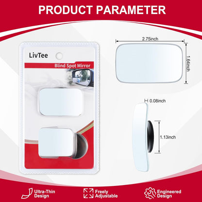LivTee Blind Spot Mirrors, HD Glass Frameless Convex Rear View Mirrors, Wide Angle Adjustable Stick for Side Mirror, Automotive Exterior Accessories for Car, SUV & Trucks, Pack of 2