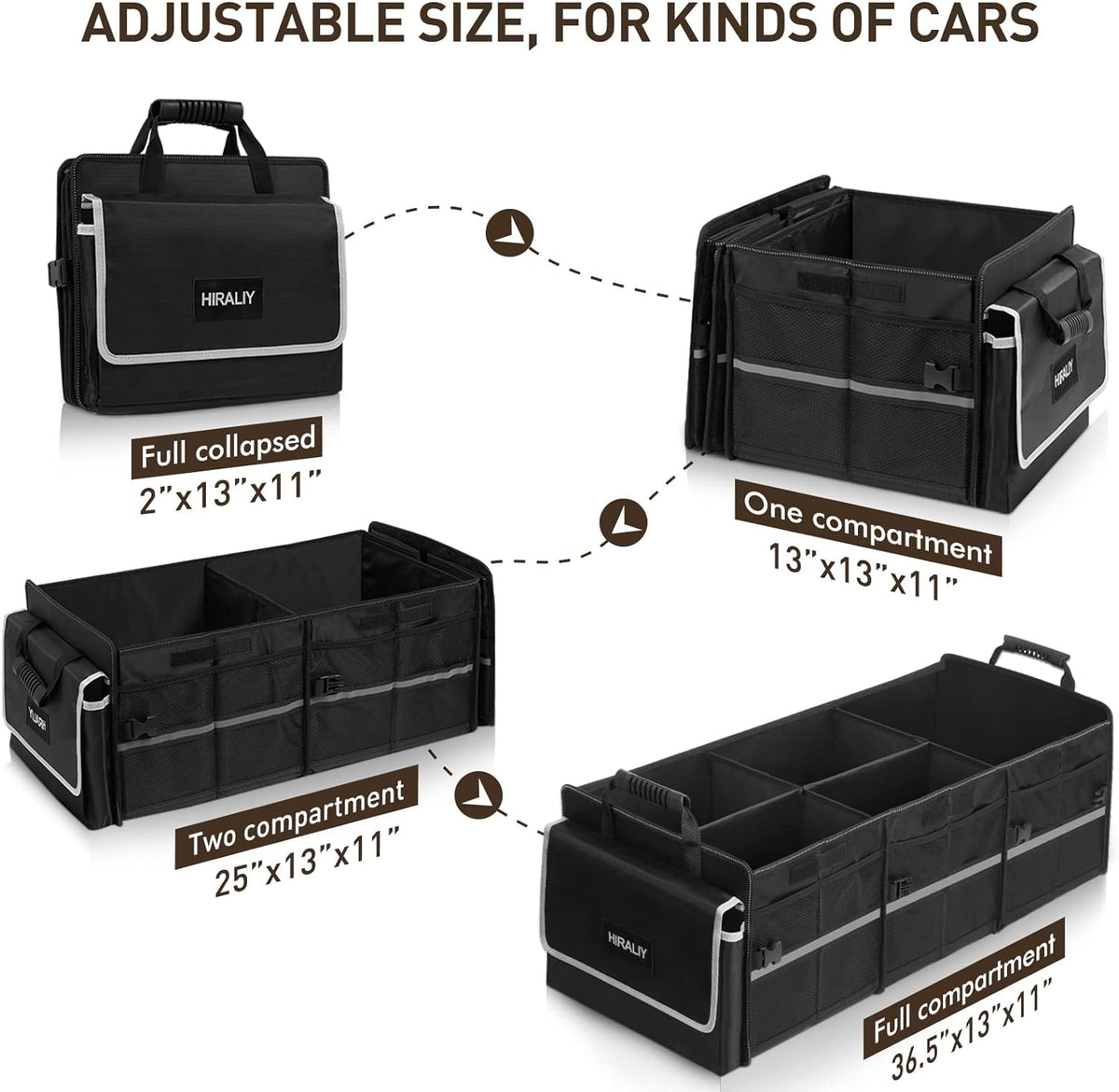 HIRALIY 4 in 1 Car Trunk Storage Organizer with Leakproof Cooler Bag, Multi-Compartment Foldable Trunk Storage Box for Car Truck SUV Black