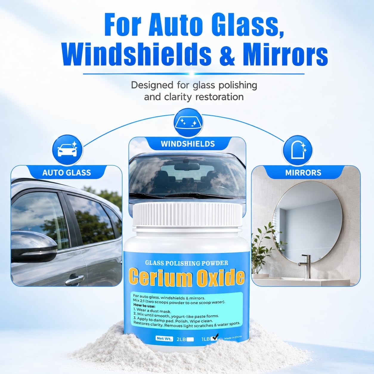 Cerium Oxide Glass Polishing Powder (1 lb) – 99% Pure White 1 Micron Glass Polish Compound for Windshield & Car Window Scratch Repair, Removes Wiper Marks & Water Spots