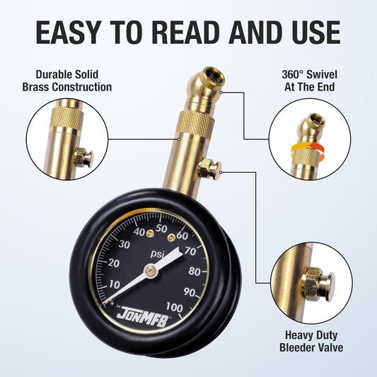 Tire Pressure Gauge for Cars and Trucks. 0-100 PSI Calibrated to ANSI B.40.1 Accuracy. Large 2 Inch Easy to Read Gauge and 360 Degree Rotation for Easy Connection., 200-100R