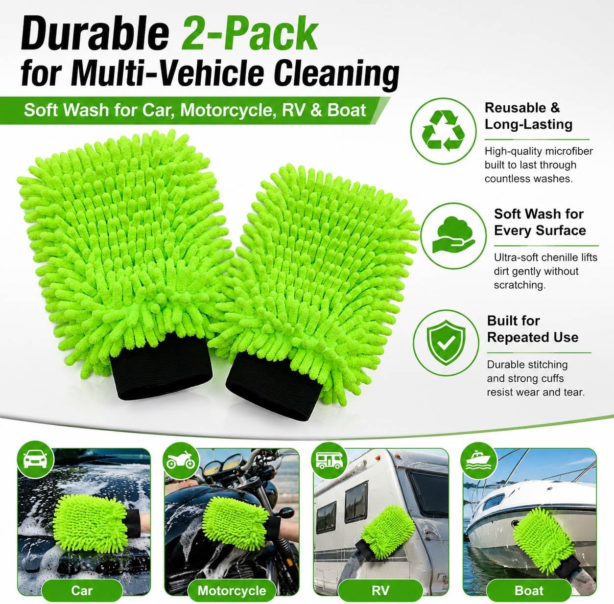 2PK Chenille Microfiber Car Wash Mitt – Ultra-Soft, Scratch-Free, Highly Absorbent Wash Mitts for Car Washing & Detailing, Lint-Free with Rich Foam (8.27" x 6.3")