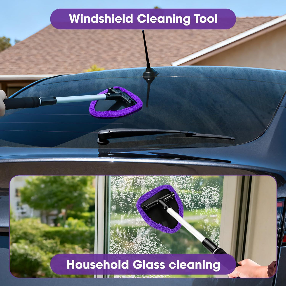 Windshield Cleaner Tool, Car Interior Cleaning Kit with Extendable Handle and 3 Reusable Microfiber Pads, Auto Glass Wiper and Detailing Brush Kit for Car & Home Window, Blue