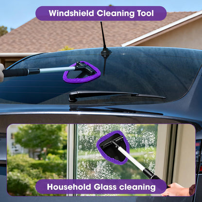 Windshield Cleaner Tool, Car Interior Cleaning Kit with Extendable Handle and 3 Reusable Microfiber Pads, Auto Glass Wiper and Detailing Brush Kit for Car & Home Window, Blue