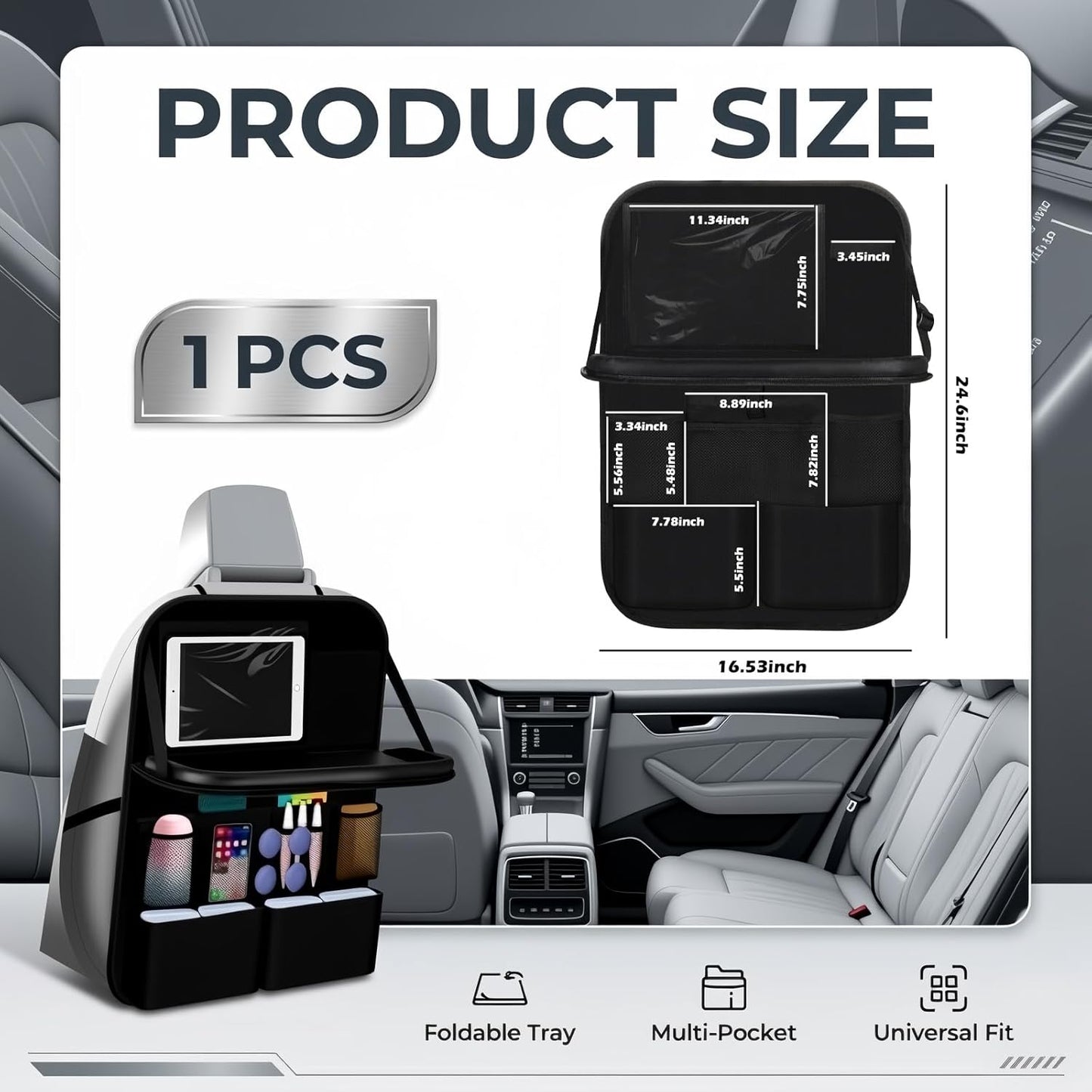 2026 New Backseat Car Organizer,Multifunctional Back Seat Car Organizer with Foldable Table Trays,Hanging Cars Seats Backs Organizers as Kick Mats Back Seat Protector