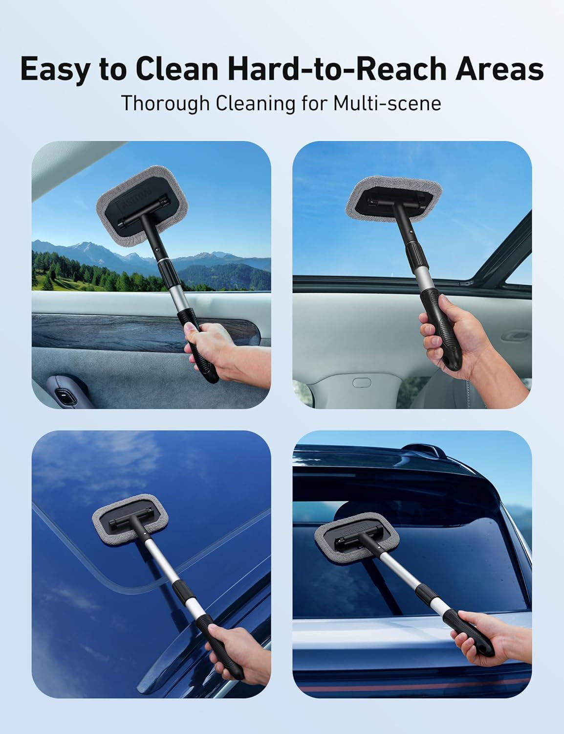 AstroAI Windshield Cleaner Tool, Microfiber Car Window Cleaner with 4 Reusable and Washable Microfiber Pads and Extendable Handle Auto Inside Glass Wiper Kit, Blue