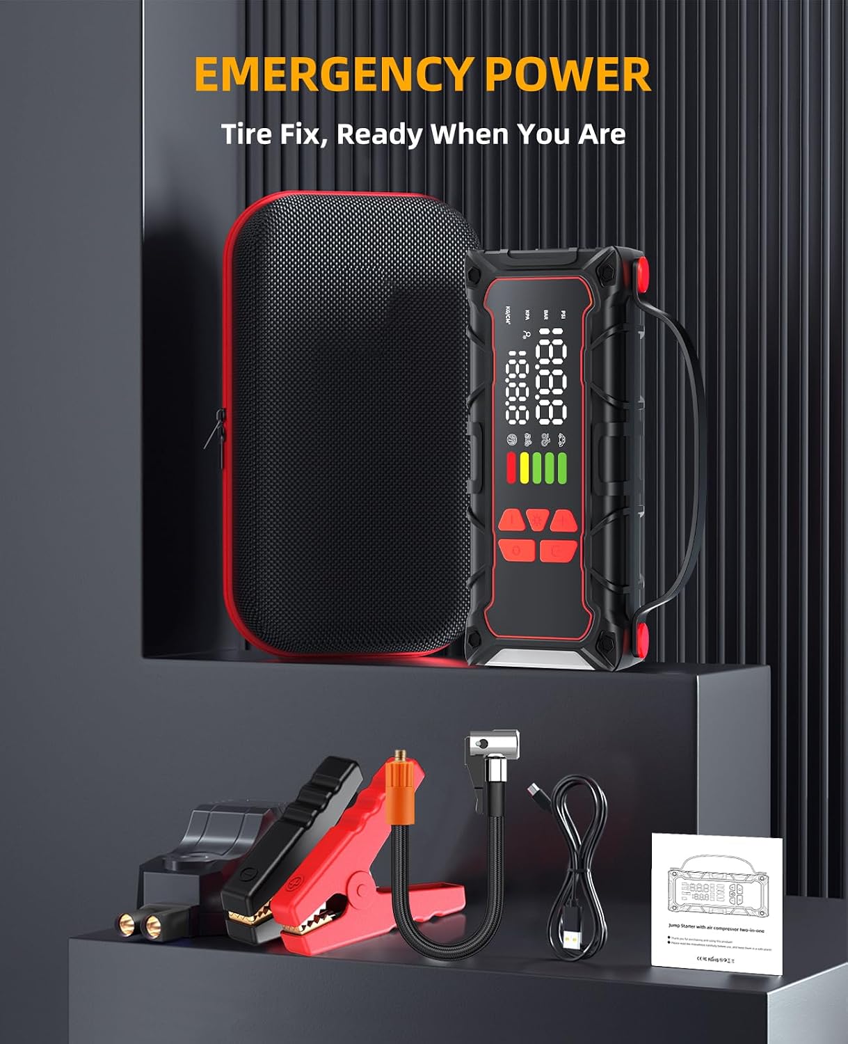 5000A Car Battery Jump Starter with Air Compressor 160PSI, Car Battery Charger 7.0L Gas/6.0L Diesel, Jumper Box for Car Battery with Tire Inflator & Power Bank& Jumper Cables, Father's Day