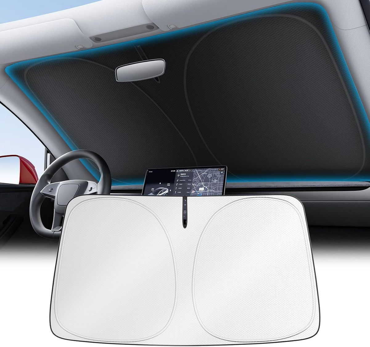 Wigoo Tesla New Model Y Accessories Windshield Sunshade [OEM Design, 100% Sun Blockage] Foldable Heat Insulation Sunshade with Storage Bag, for Model Y 2020~2026 (Juniper), Silver Coating - Colors A