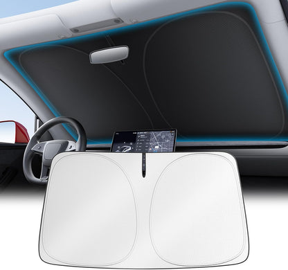 Wigoo Tesla New Model Y Accessories Windshield Sunshade [OEM Design, 100% Sun Blockage] Foldable Heat Insulation Sunshade with Storage Bag, for Model Y 2020~2026 (Juniper), Silver Coating - Colors A