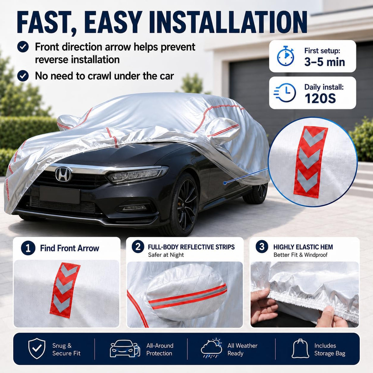 Car Cover for Sedan, Waterproof All Weather Heavy Duty, 360° Underbody Wrap Windproof Design, Quick Install Outdoor Vehicle Cover, Fits 186-193 in