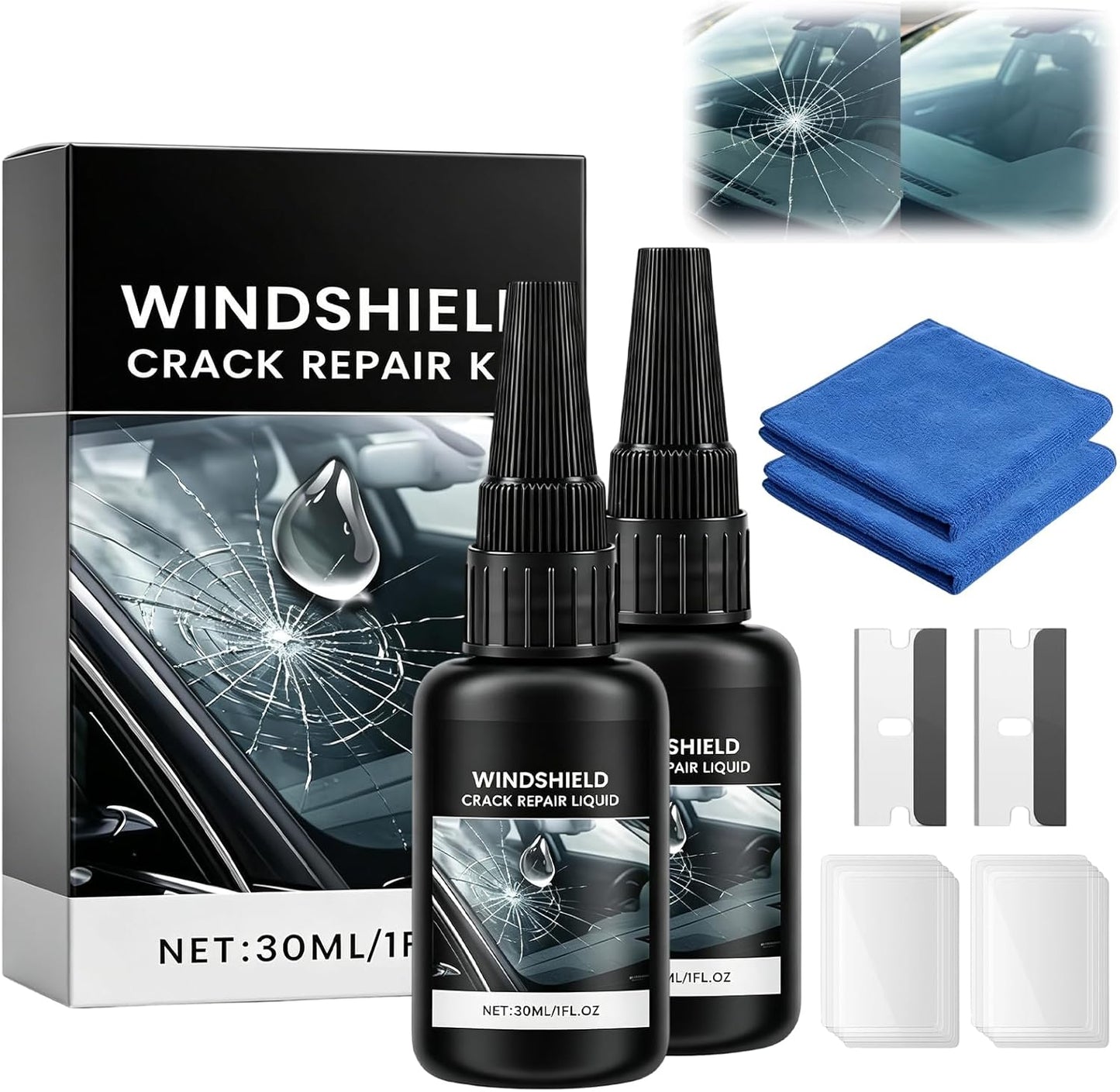 cuoct 2Pcs Windshield chip Repair kit, 2026 Latest Car Windshield Crack Repair Kit,Universal Cracks Gone Glass Repair Kit with 30ml Glass Repair Liquid 1 Towel 1 Blade 5 Curing Films