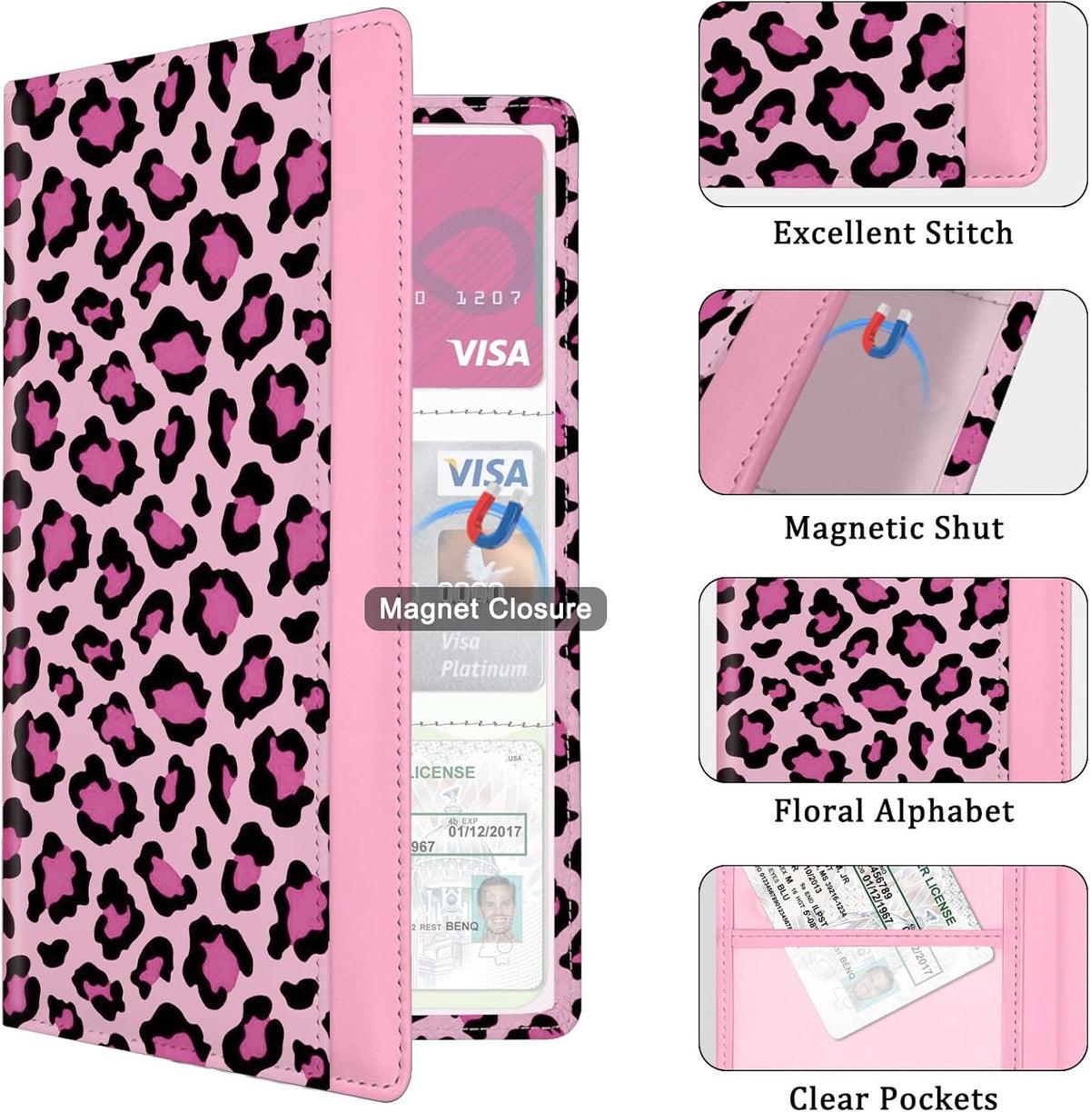 Car Registration and Insurance Holder, with Magnetic Closure for License, Cards and Documents, All Vehicle Needs and Car Accessories (Leopard-Black)