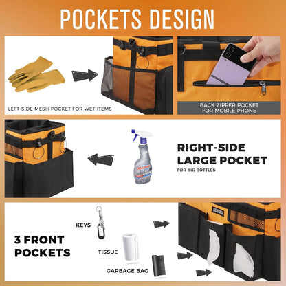 SCAVATA Wearable Cleaning Caddy Bag, Supplies Organizer with Handle & Shoulder Straps for Housekeepers, Under Sink & Car Cleaning Tool Organizer with 4 Foldable Dividers (Black)