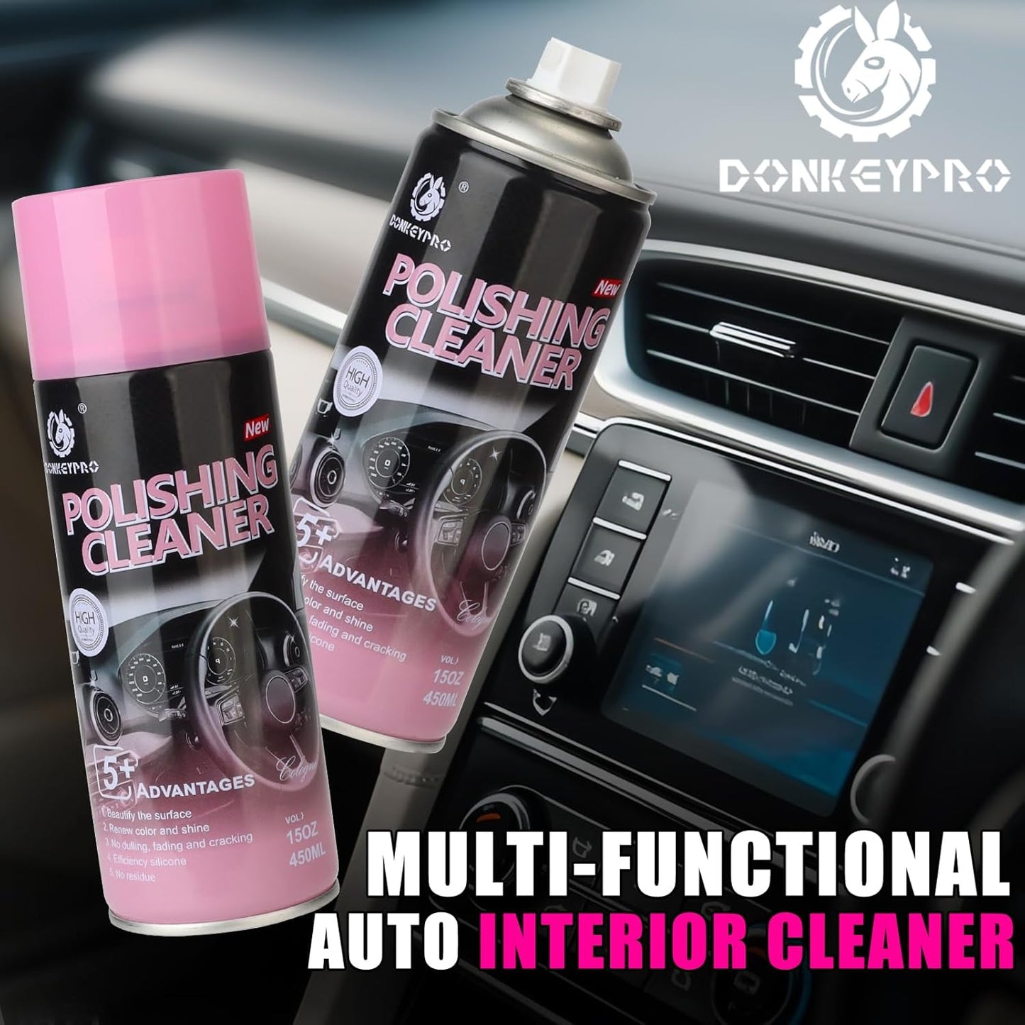 DONKEYPRO Car Interior Cleaner, Polishing Cleaner Detailer Spray for Vehicle Detailing, 450ml Aerosol 15 fl oz with Iron Can (2-Pack)