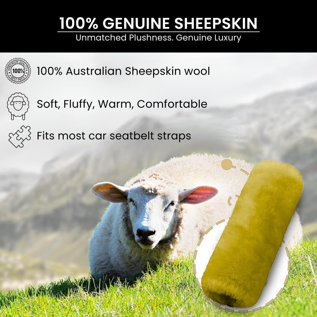 Andalus Brands 2 Pack Genuine Merino Wool Sheepskin Seat Belt Cover – Soft Shoulder Pad, Neck Cushion Protector – Authentic Car Accessories (Pearl)