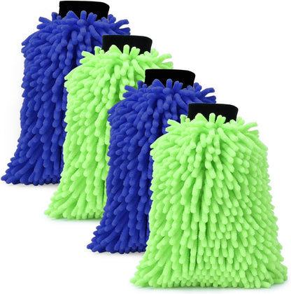 4Pcs Car Wash Mitt Microfiber Gloves Chenille Material Microfiber Towels for Car Washing Supplies Kit Scratch Free Cleaning Fluorescent Green + Royal Blue