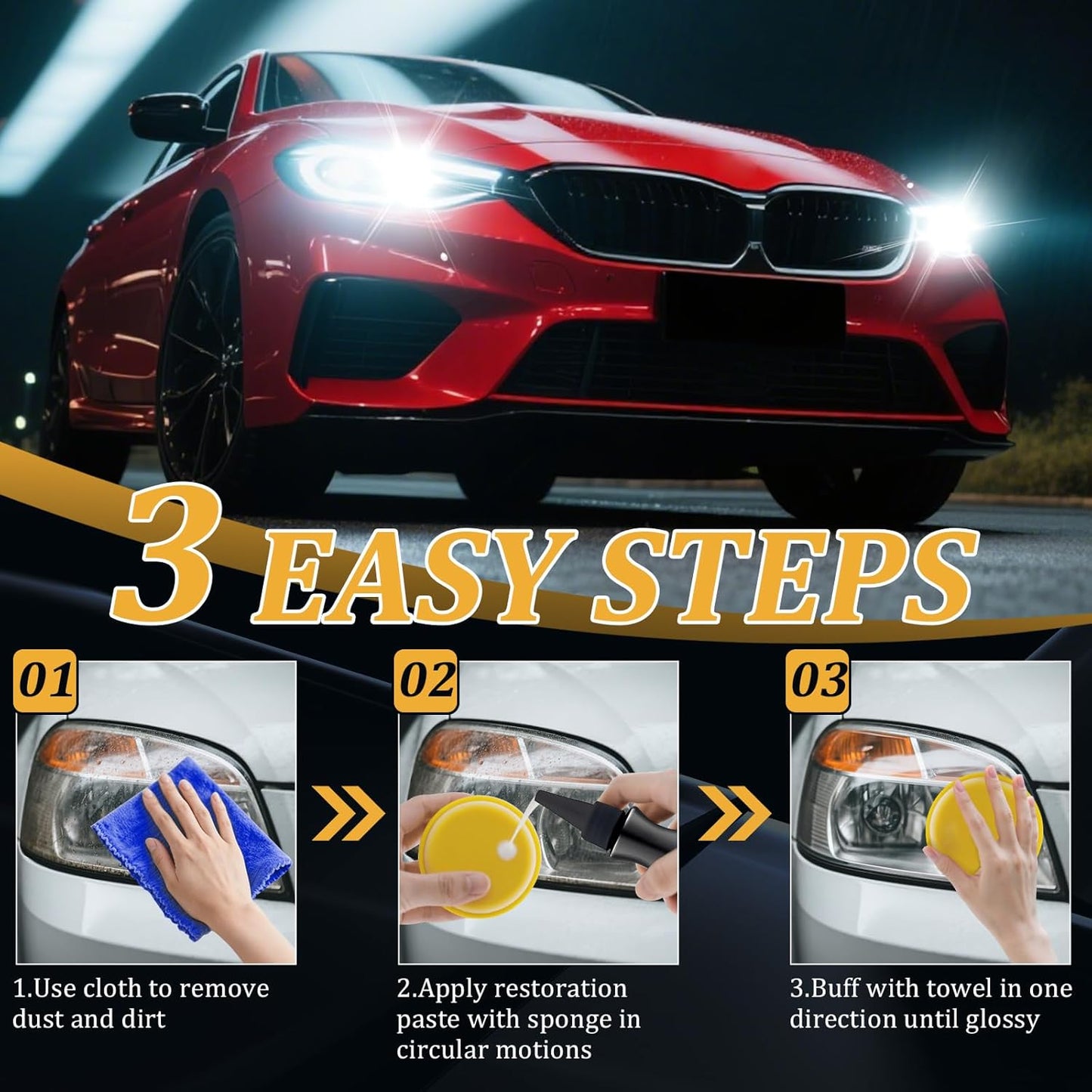 Headlight Cleaner & Restoration Kit Instantly Restores Yellowed, Foggy & Oxidized Headlights to Crystal Clear UV Protection Car Headlamp Cleaner Safe for Cars, Trucks, SUVs & Motorcycles