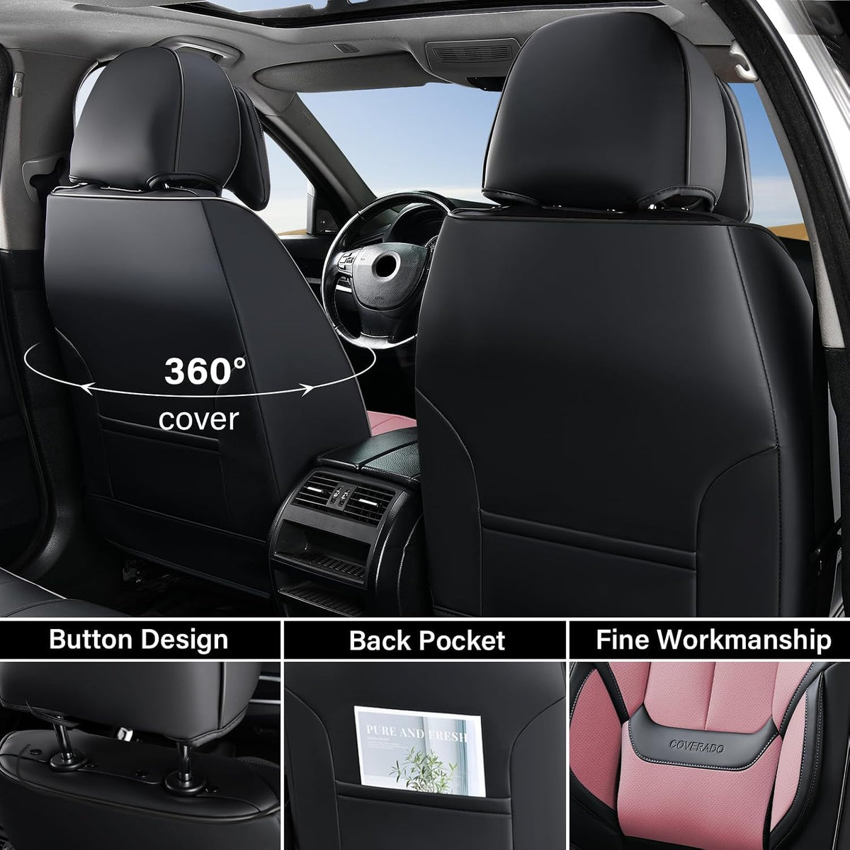Coverado Seat Covers Full Set, Black Seat Covers for Cars 5 Seats, Car Seat Protector, Waterproof Nappa Leather Car Seat Cushion, Front and Rear Car Seat Cover Fit for Most Sedans SUV Pick-up Truck - Colors A
