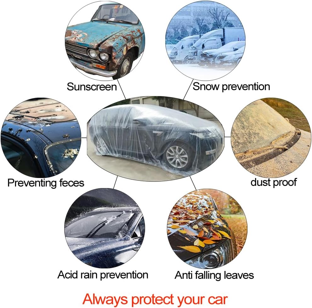 4 Packs Disposable Car Cover Clear Plastic Car Cover Universal Rain Dust Garage Cover with Elastic Band Medium (12 ft x 22 ft)