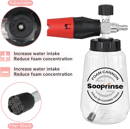 Sooprinse Short Pressure Washer Gun With Foam Cannon, High Pressure Snow Foam Lance, 1/4 Inch Quick Connector, Power Washer Blaster, Car Wash Mitt, 3000 PSI, 1 Liter