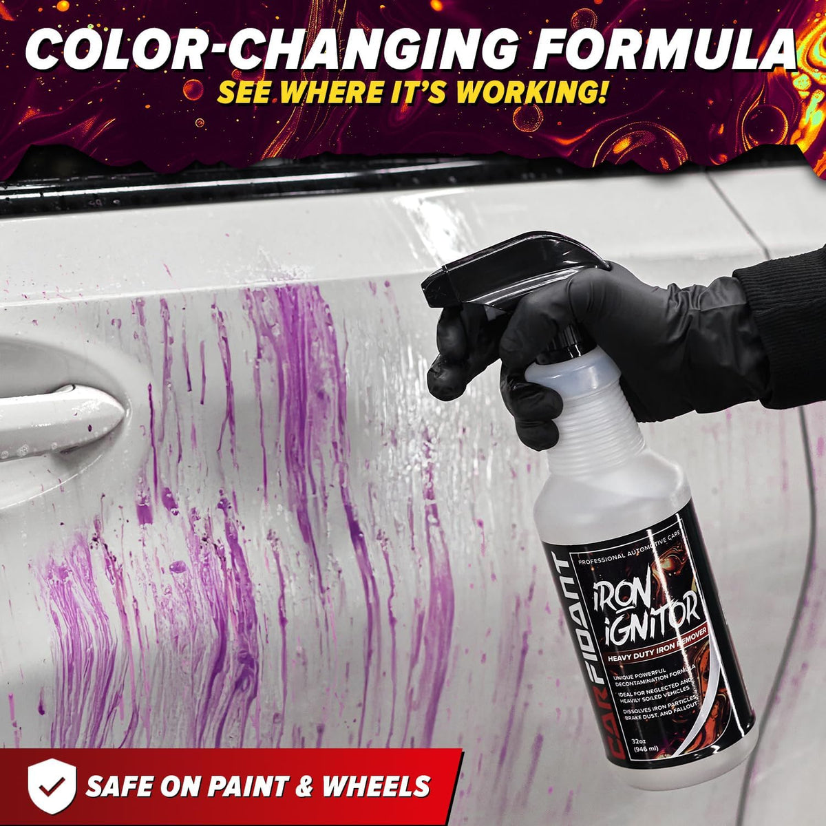 Carfidant Iron Ignitor - Iron Remover & Wheel Cleaner - Color-Changing Purple Decon Spray for Brake Dust, Rust, Fallout - Safe on Paint, Rims & Metal - Car Detailing - pH Neutral - 16oz