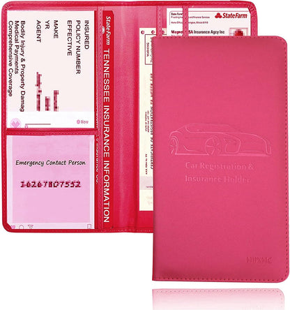 Car Registration and Insurance Card Holder - Leather Vehicle Glove Box Automobile Documents Paperwork Wallet Case Organizer for ID, Driver's License, Key, Cards - Car Accessories for Women&Men