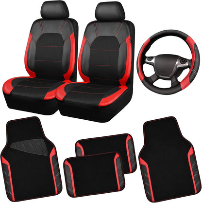 CAR PASS Air Mesh Leather Car Seat Covers Full Set, Waterproof Car Floor Mats, Sporty Steering Wheel Cover 14.5-15in, Universal Fits for 95% Cars Truck SUV (Black and Blue)