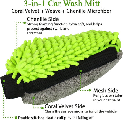Collapsible Bucket with 3-in-1 Car Wash Mitt, Coral Velvet + Weave + Chenille Microfiber Glove Sponge, 10L (2.6 Gallon) Portable Folding Basin Pail for Household Cleaning
