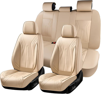 Huidasource Coffee Seat Covers Full Set, Universal Fit for Most Cars Trucks SUV, Full Coverage Leather Seat Cover, Airbag, Cupholder Compatible, Velcro Adjustable, Heaating/Cooling Function Retain